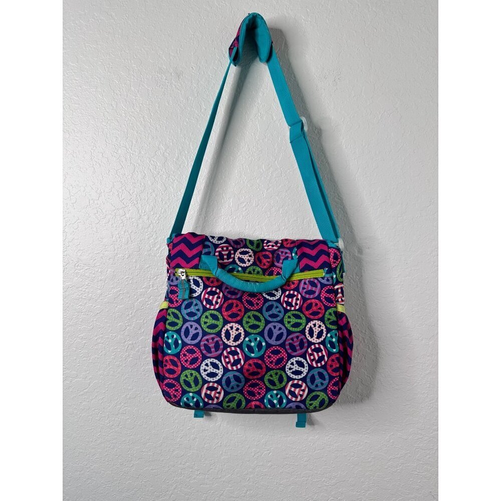 GARNET HILL KIDS Colorful Peace Pattern Messenger School Crossbody Bag Teal Pink - Picture 2 of 8